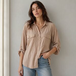 Max Studio Tan Utility Button Up Blouse Roll Tab Sleeves Minimalist Summer Med